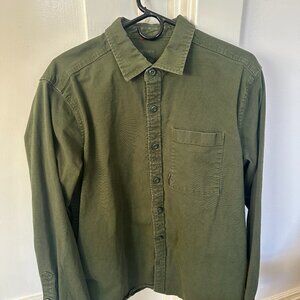 Topo Designs Dirt Shirt Mens L Organic Canvas Button Up Long Sleeve Army Green